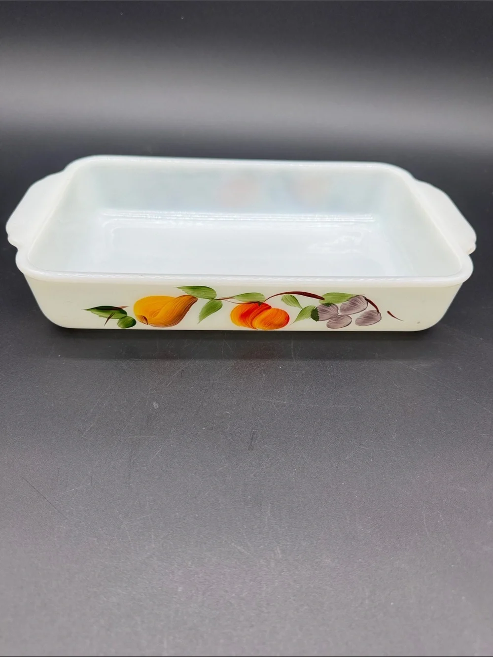 Fire King Gay Fad 1.5 Qt Casserole Milk Glass Fruit Painted Anchor Hocking #410